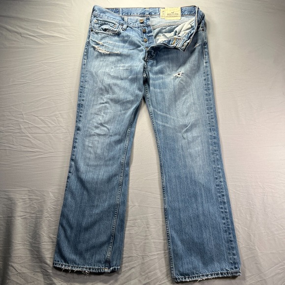Hollister Jeans Mens 33x32 Hermosa Low Rise Boot Cut Distressed Y2K Button Fly - Picture 1 of 16
